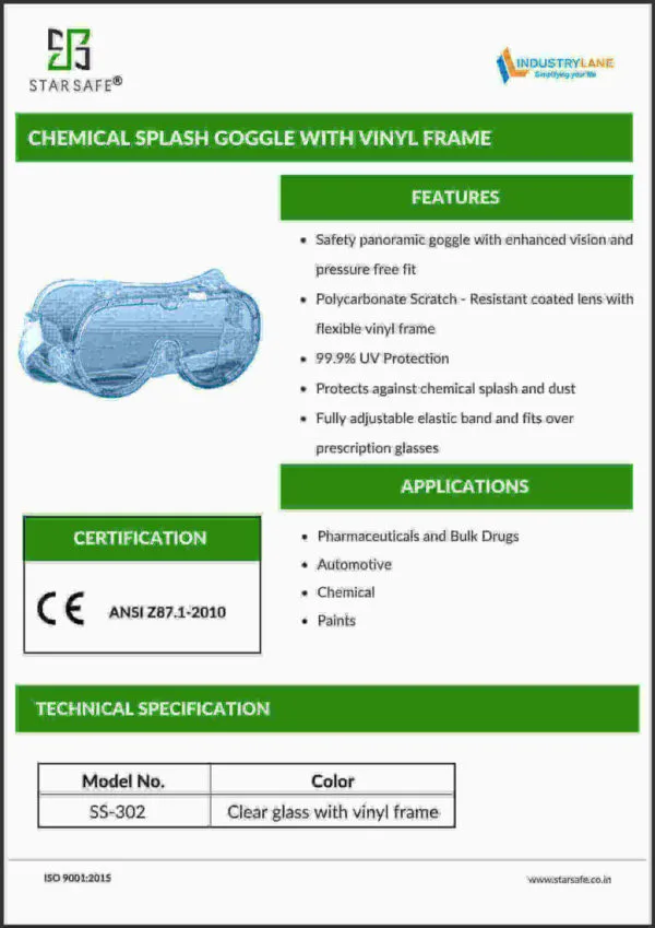 CHEMICAL SPLASH GOGGLE WITH VINYL FRAME